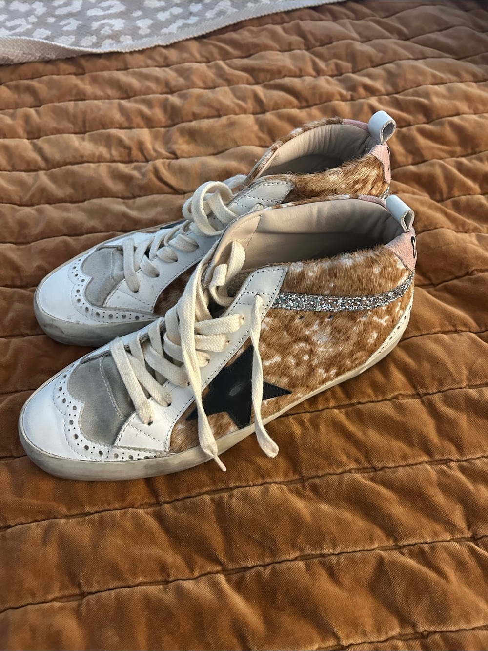 Golden Goose White, Tan & Black High-Top Sneakers with Glitter Accent